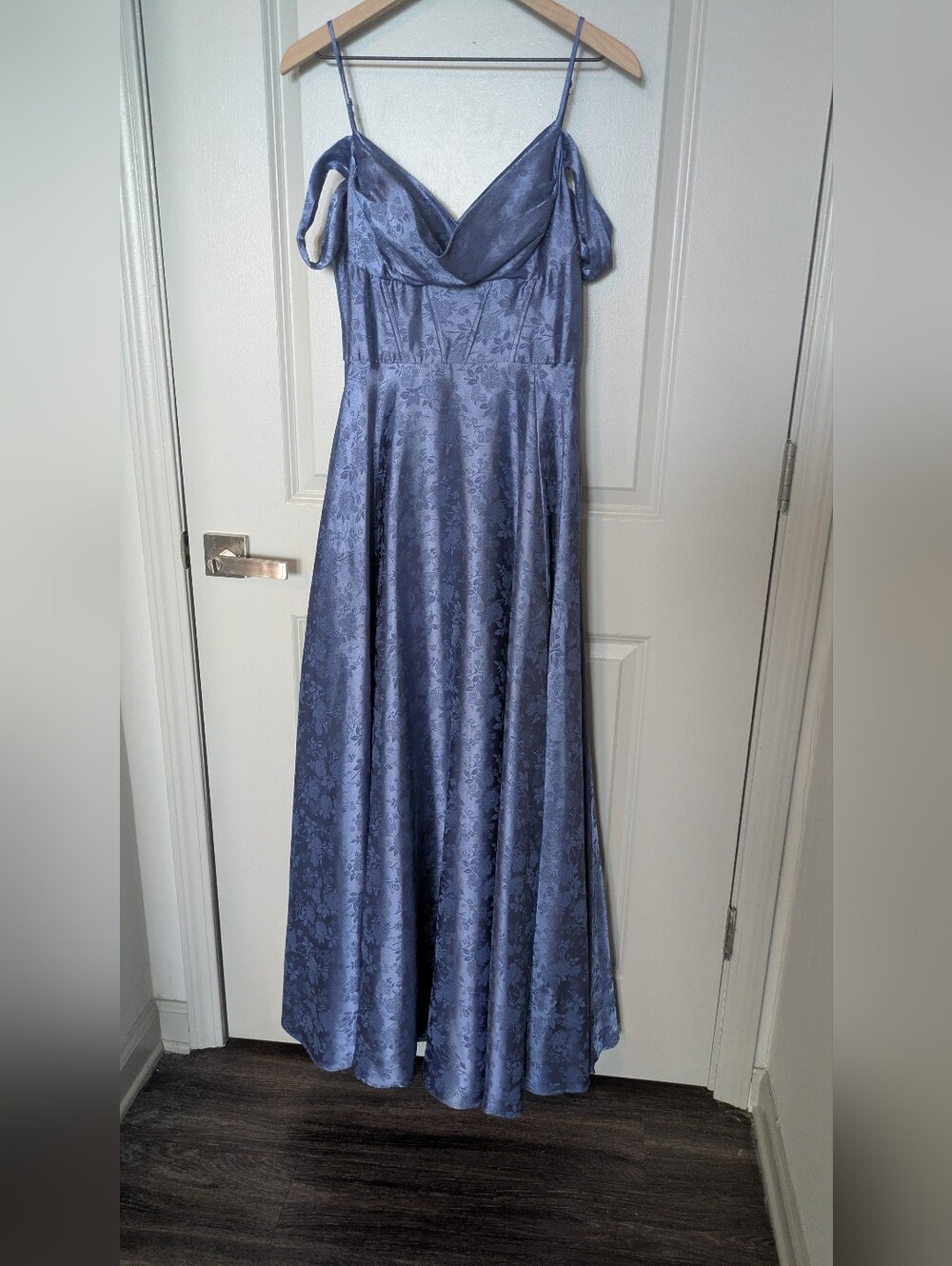 B. Darlin Dusty Blue Floral Satin Dress